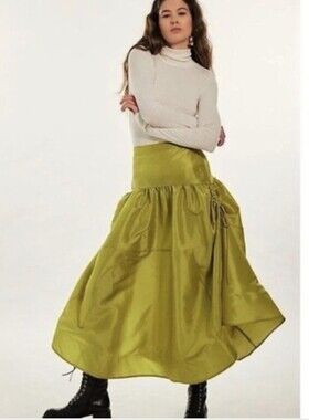 NWT Free People Emery Drop Waist Chartreuse Taffeta Midi Skirt